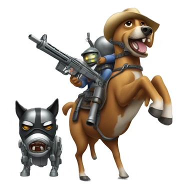 Angry dog riding a horse with machine gun and a robot mask.  sticker