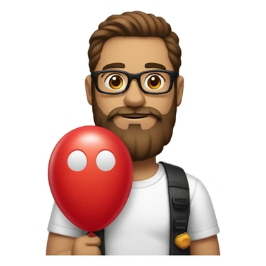 Heavy white young dad, with a big brown beard and black rectangle glasses and brown hair he’s holding a red balloon animal shaped like a dog sticker