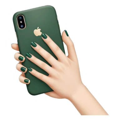 female hand with nude manicure (5 fingers) holding an iPhone in a dark green case, clean background, minimalism, emoji style sticker