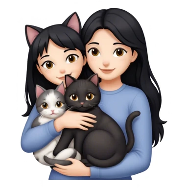 happy girl with black hair hugging three cats  (black cat, gray cat, brown calico cat) sticker