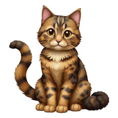 cinematic-[tortoiseshell tabby cat]-realistic-full-body-sitting-emoji,-tail-curled-playfully-around-its-paws,-head-tilted-dramatically,-scruffy-[dark faced tortoiseshell coloured]-fur,-simplified-yet-realistic-focused-features,-highly-detailed,-glowing-with-an-almost-sarcastic-glow sticker