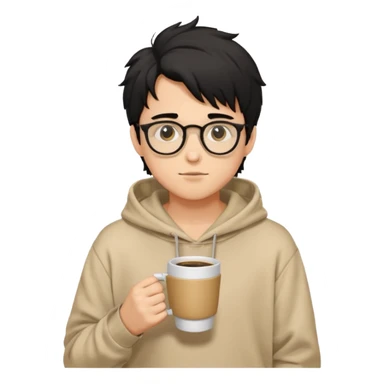 a light tan handsome boy with messy a black hair and spectacles. wearing a beige oversized and loose hoodie with a coffee in hand sticker