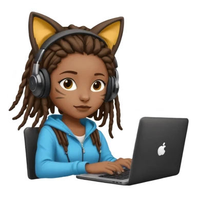 black girl with dreads who works remotely through a laptop with cat ear headphones sticker