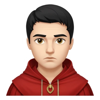 A handsome man with fair complexion. masculine, roman, slightly crooked nose. Thick triangular eyebrows. Hooded eyes and black pupils.  pouty lips with a heavy top lid.  thick black hair  80/20 part with an undercut.  sticker