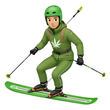 Man slalom skiing in green jacket with the green medical marijuana cross on it sticker