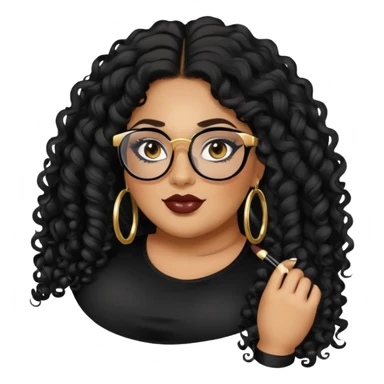 big plus size, latina, darker tan skin, gold hoops, long black curly hair, baddie,pretty, makeup, lipgloss, black eyeliner, long hair, black top, black glasses sticker