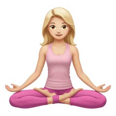 Create a young woman with long blonde hair, golden eyes, and medium-light skin tone, wearing a light pink tank top and leggings. She should be doing yoga, with a smile sticker