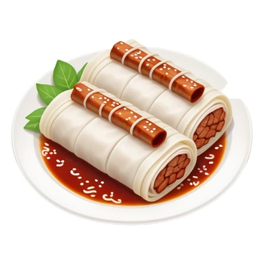 BBQ pork rice noodle roll Char Siu Cheung Fun with reddish meat filling, simplified emoji style with bold outlines and bright colors, cartoon style Guangdong breakfast favorite sticker