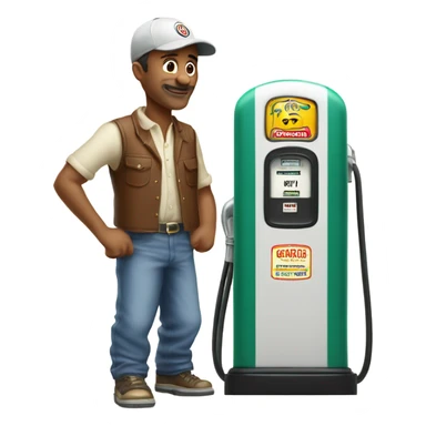 Middle aged man with ballcap standing next to vintage gas pump sticker