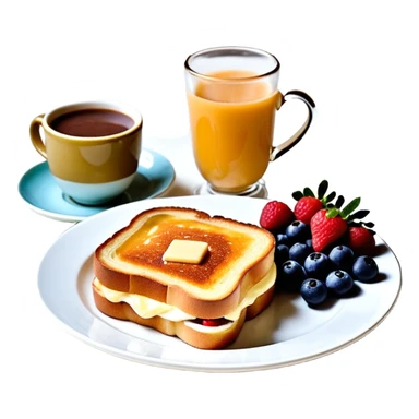 Un joli plateau sur lequel repose un délicieux petit déjeuner composé d’un croque-monsieur croustillant, d’un bol de yaourt aux fruits, d’une tasse de chocolat chaud garnie de guimauves et d’un joli vase contenant deux fleurs d’hibiscus sticker