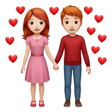 A red-haired girl holding hands with a boy, both smiling at each other, in a romantic setting with hearts in the background. sticker