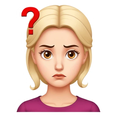 A woman with a confused facial expression, furrowed brow, and question mark above her head sticker