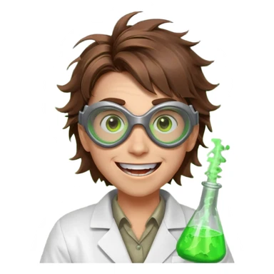 mad nuclear scientist portrait, head and shoulders only, messy hair, cracked goggles, glowing radioactive green light, excited crazy smile, 3D cartoon, mobile game icon style, clean background, no text, no watermark
 sticker