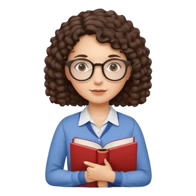 female English teacher with glasses and wearing a shirt, holding an English book. I have dark brown a little curly hair. My glasses are rather round than square shape. sticker