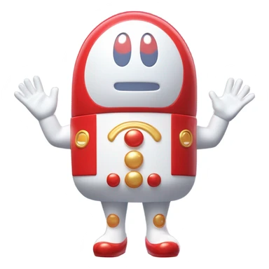 Very shiny full body character with pill capsule head with retro antennae and jetsons aesthetic sailor moon eyes  puffy body and welcoming waving arms Japanese animation inspired Anpanman with big boots and antennae red and white colors only sticker