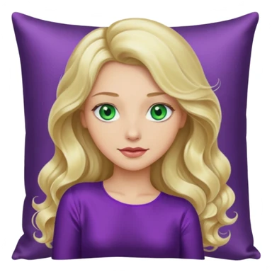 lady with long wavy blonde hair, purple top, green eyes, head on pillow sticker