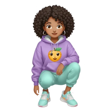 Black girl, clean girl aesthetic, 4C curly hair in a puff, pastel hoodie, white sneakers, minimal jewelry, soft smile, cozy vibe, bright colors, Apple-style emoji cuidando da pele skincare sticker