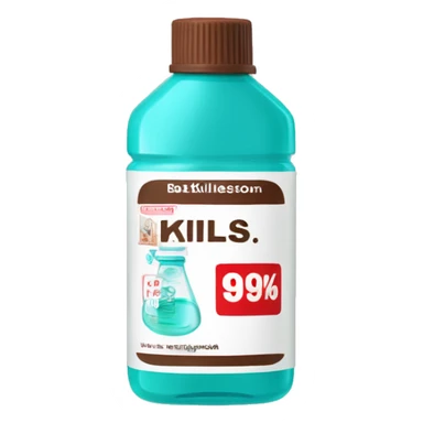Turquoise Mouthwash bottle with white stickers and brown cap . the white stickers have small red letters that say kills 99% of batería  sticker