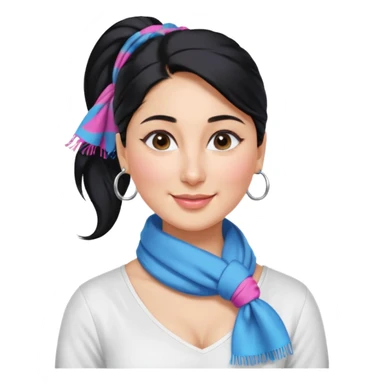 generate a pretty bratz emoji that looks like Kareena Kapoor's Geet character. 
Make her wear a white shirt with a colorful blue-pink scarf wrapped around her neck. smiling big. Black hair tied into a side part ponytail, silver hoops and no necklace

She should look exactly  like Kareena Kapoor sticker