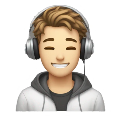 white 20yo guy, wearing a headphone, having a brown curtain mullet hair, cutely smiling with closed eyes and holding a heart in his hands sticker