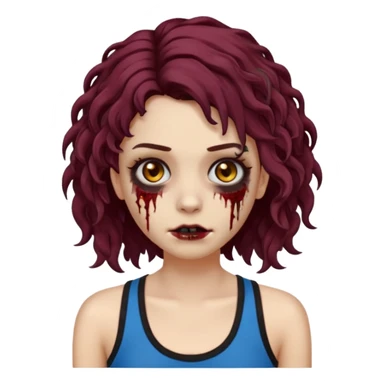 Crie um emoji de uma garota zumbi, como esta: "🧟‍♀️'. Porém invés da camiseta, uma regata fina e de cor preta, os cabelos loiros escuros na altura do ombro e picotado, liso na raiz e cacheado nas pontas, com mechas azuis na frente e a parte de trás pintada de vermelho vinho sticker