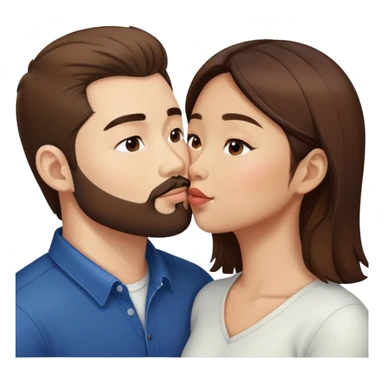 Asian American woman without glasses kissing a white guy with brown hair and only the white guy has beard stubble and white guy has glasses and Asian American woman does not have glasses sticker