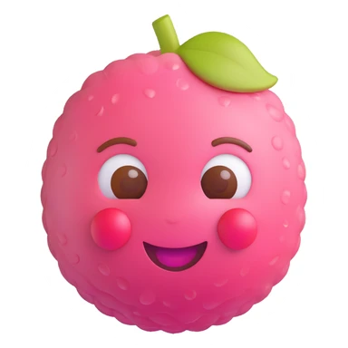 Pixar-style 3D lychee emoji with round white face, shiny eyes, pink cheeks, big smile, bumpy pink-red skin, glossy plastic texture, small brown stem, adorable, toy-like, realistic lighting, smooth shadows sticker