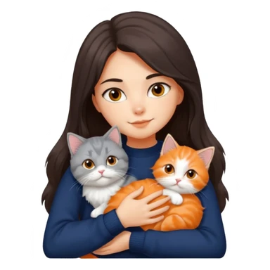 a girl with long dark brown hair, in a navy sweater, hugs a persian peaknose grey cat and persian peaknose orange and white kitten sticker