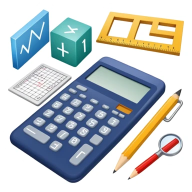 An icon featuring mathematical formulas, a calculator, and geometric shapes, symbolizing mathematics. The design includes a ruler, and a graph, representing the study of numbers, equations, and spatial relationships. Transparent background highlights the precision and logic of math. sticker