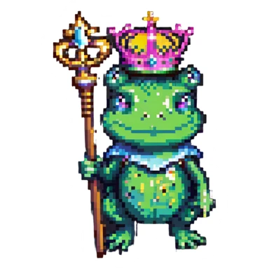 pixel art crowned frog holding a scepter sticker