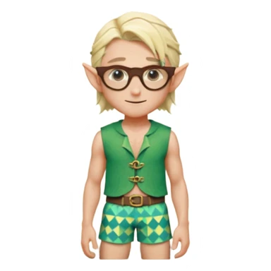 elf male legolas portrait, patterned board shorts (geometric/abstract), unique wooden-framed sunglasses, undercut hairstyle, slight smirk, visible pointy ears, no background, centered emoji, hipster summer vibe sticker