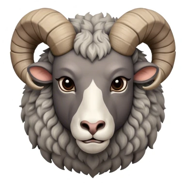 Cinematic Noble Ram Portrait Emoji, Poised and regal, with a sturdy, powerful build and a thick, woolly grey fur adorned with impressively curled horns, deep-set soulful dark eyes, Simplified yet sharp and sophisticated features, highly detailed, glowing with a soft, dignified glow, high shine, intelligent and commanding, stylized with an air of rugged majesty, focused and attentive, soft glowing outline, capturing the essence of a watchful and confident ram, so majestic it feels as though it could charge out of the screen with effortless authority! sticker