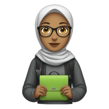 A girl wearing a hijab, glasses, and a laptop bag sticker