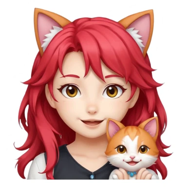 very cute anime cat-girl with cat ears, red blowing hair sticker