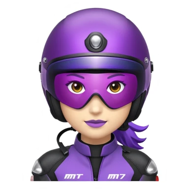 Créer un emoji avec une moto mt07 sport noir mate / violet iridescent très foncé, pare-brise de la moto violet. Avec une femme pilote dessus, visage caché’ par la visière violette, visière cachant tout le visage .Avec en arrière plan cercle violet. sticker