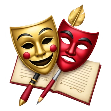 Create a bold and dramatic emoji representing the art of playwriting. The design should feature an open script or a theater playbook, with stylized text lines or dramatic dialogue inside. Include elements like a theatrical comedy and tragedy masks, a stage spotlight, or a writting quill to symbolize creativity and performance. Use deep, contrasting colors like red, black, and gold to evoke the intensity and passion of drama. The overall design should feel dramatic, inspiring, and artistic. Make the background transparent. sticker