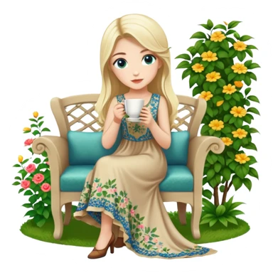 Turkish Konya blonde girl beautiful finish blue eyes with Beautiful beige green floral long tail dress and she sit in a lovely garden on the chair on the ground and holds cup coffe with her hand  sticker