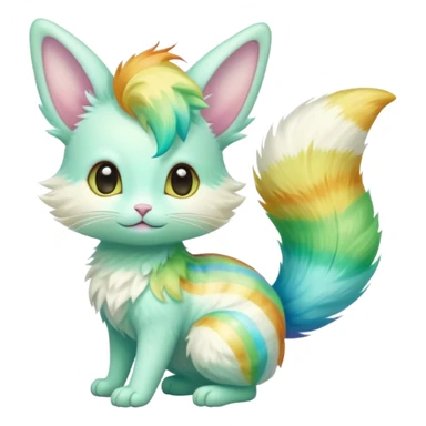  cute adorable yellow-green-turquoise-gradients albino fur with random colorful iridescent rainbow markings beautiful elegant pretty precious cute  Fakémon-Pokémon-opossum-feline-serval-caracal-chinchilla-Minccino-hybrid-creature with a big fluffy bushy striped tail (full body) sticker
