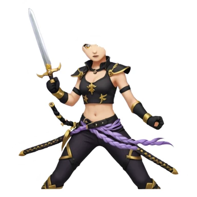 A sword maiden, mohawk, long braid white hair with lavender and tips long messy bangs one side, gold yellow eyes, black crop top, with both fighting gloves up in defensive ready pose, delivering a lightning quick vertical upwards front kick with volcanic force sticker