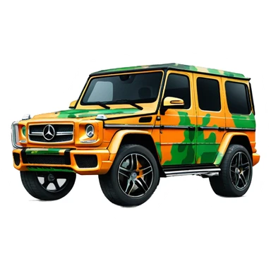 Young Dolph luxury clothes,blue diamond chain on,near his car, just opened drivers side car door to his all orange and green colored,whole car painted army camouflage, Mercedes G Wagon sticker