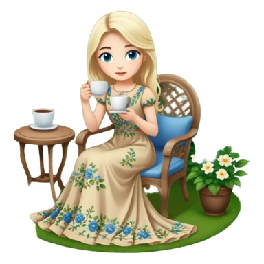 Turkish Konya blonde girl beautiful finish blue eyes with Beautiful beige green floral long tail dress and she sit in a lovely garden on the chair on the ground and holds cup coffe with her hand  sticker
