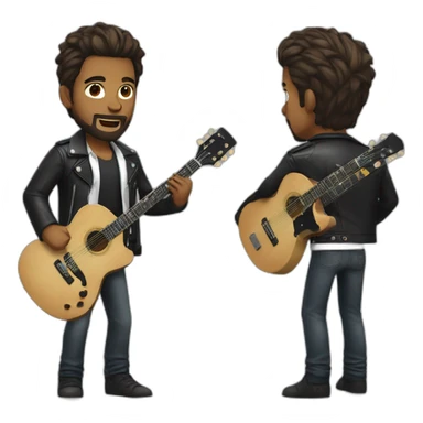 A young man with a fashionable hairstyle and beard, dressed in a white shirt and a black leather jacket, plays the guitar sticker