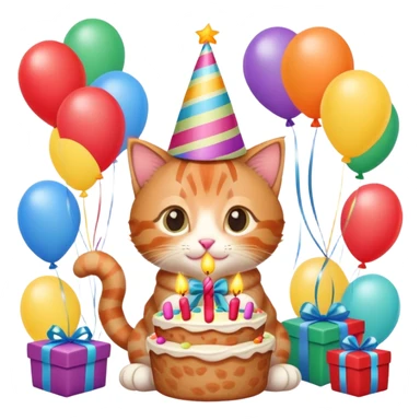 Ginger tabby kitten celebrates birthday, birthday hat, birthday cake, balloons, happy, gifts sticker