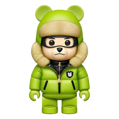 authentic cubic bearbrick figure with block head, wearing lime green balaclava with integrated black visor lens at eye area, oversized Supreme logo puffer jacket with large fur collar and fur trim, gold chains sticker