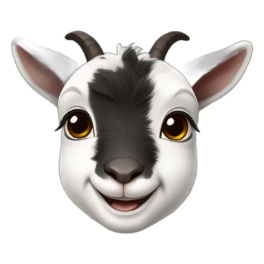 baby goat with a black face, brown eyes, grey ears and a white spot on their head, smiling sticker
