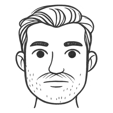 Make the beard less visible, just a hint of stubble, keep the style and background transparent in hand drawn icon style with no fill. sticker
