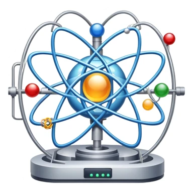 An icon featuring a large particle collider, atom symbols, and energy waves, symbolizing the field of physics. The design includes a lab setup with scientific equipment, representing experiments and fundamental forces of nature. Transparent background highlights the exploration of matter and energy. sticker