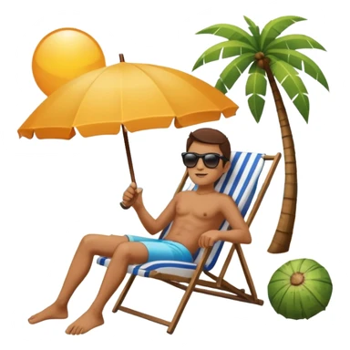 a dog laied on a beach chair, a sunny beach, a sun umbrella, and beach coconut trees. the icon should capture the essence of a relaxing beach vacation with a carefree atmosphere sticker