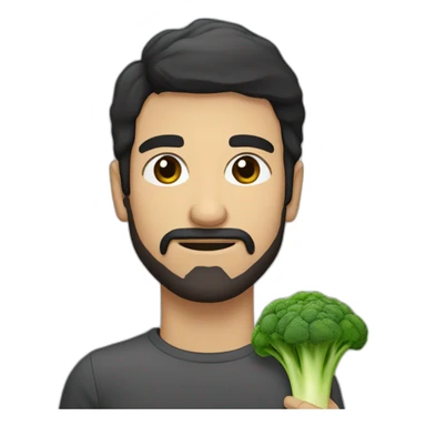 a slender mexican man with dark hair and short beard holding a broccoli sticker
