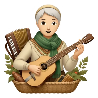 Create a warm and rustic emoji representing folk singing, using a humanless collage. The design should feature traditional folk instruments such as a balalaika, domra, or accordion, arranged around a vintage microphone to evoke a sense of community and storytelling. Include elements like a woven basket, traditional scarves, or musical notes to symbolize the connection to nature and heritage. Use earthy tones like brown, green, and gold, with subtle accents to emphasize the folk style. The background should be transparent. sticker